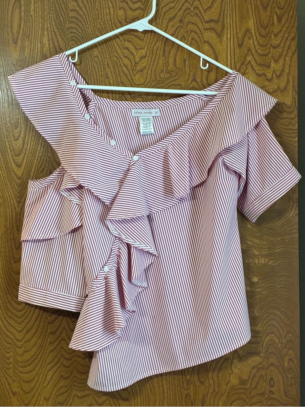 HWA Apparel Red and White Striped Off-Shoulder Ruffle Blouse